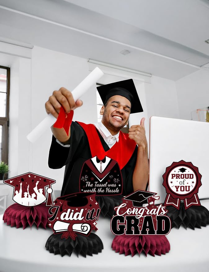 Graduation Table Decorations, Red Black Honeycomb Centerpiece Glitter Graduation Centerpieces for Tables Congrats Grad Table Toppers Congratulate for Class of 2026 Grad Party Supplies, 9Pcs