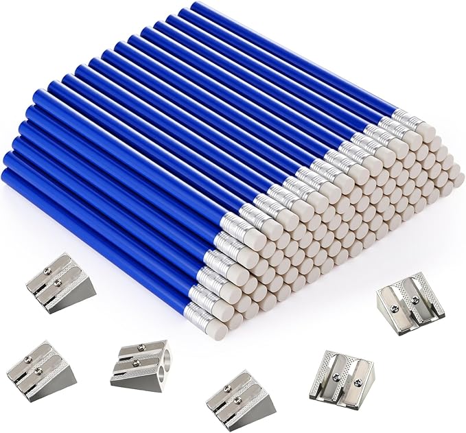 Fainne 102 Pcs Bulk Fat Jumbo Pencils Set 96 Giant Big Large Thick Pencils with Erasers 6 Sharpeners for Home School Classroom Beginners(Blue,Round)