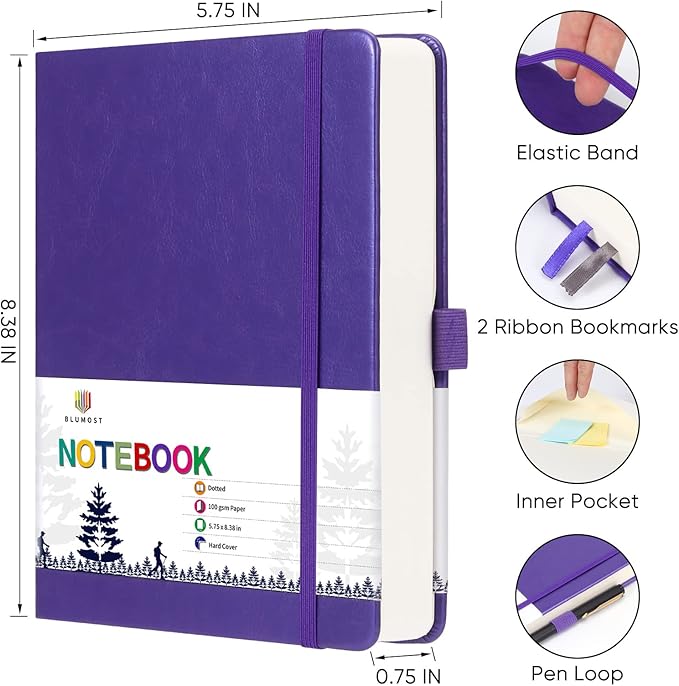 Bullet Dotted Journal Notebook - A5 Dot Grid Notebook with 280 Pages,100gsm Thick Paper,Leather Hardcover Journal for Women Men,5.75'' × 8.38''-Purple