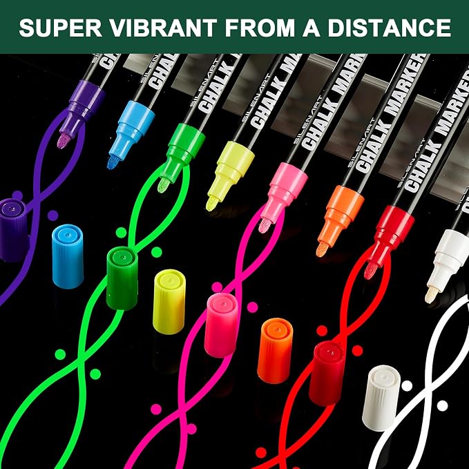 SILENART Liquid Chalk Markers - 8 Vibrant Colors - Chalkboard Markers for Blackboard Glass Window Car Dry Erase Board Acrylic Calendar Board Whiteboard- Wet Erase