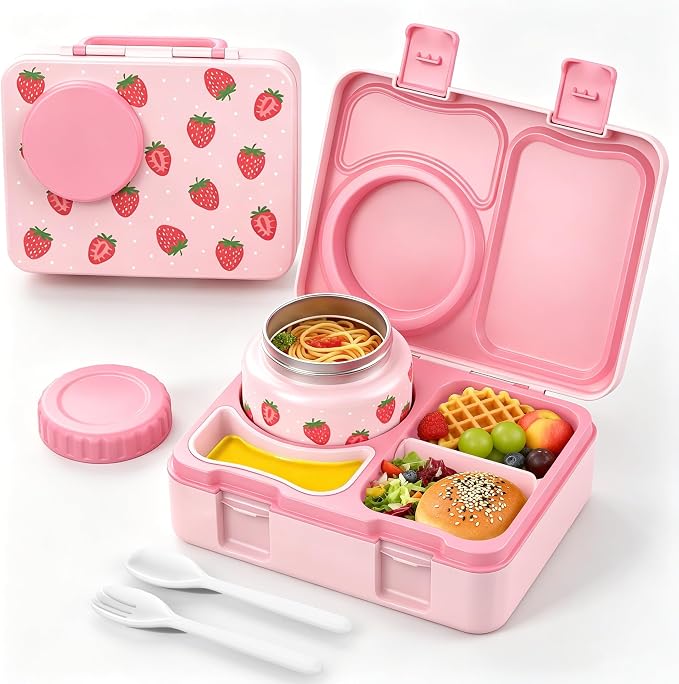 Kids Insulated Lunch Box with 8OZ Thermo Food Jar | Leakproof Bento Box with Ice Pack Sauce Cup Utensils Removable Tray & Dividers for School Daycare Travel, Strawberries