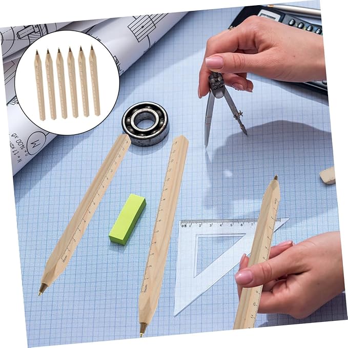 MAGICLULU 6pcs Black Ballpoint Pens Set with Wood Ruler, Biodegradable Solid Wood Construction Ballpoint Pens for Carpentry and Office Use