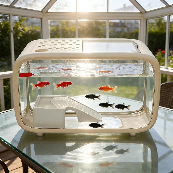 3.17 Gal Desktop Fish Tank, Fish Tank with Top Feeding Hole &Built-in Climbing Frame, Compact Water Habitat Bowl, Durable Mini Mini Aquascape Aquarium for Betta & Small Fish (Cream White)