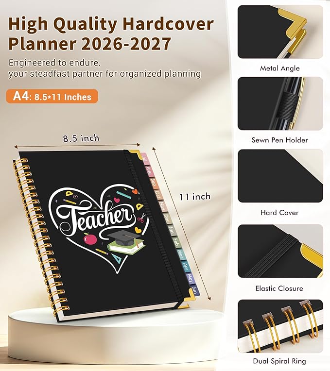 Teacher Planner 2026-2027, July 2026 - June 2027, Academic Weekly & Monthly Calendar Planner with Tabs, 8.5" x 11" A4 Teacher Lesson Plan Book with 7 Periods, Daily Agenda School Organizer for Teacher Student Homeschool, Black Background Pattern