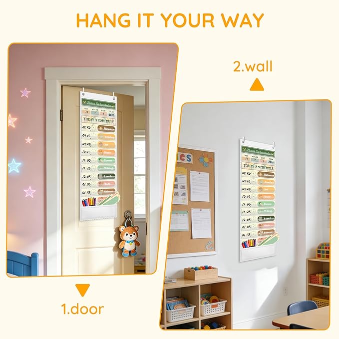 AKAYOK Daily Schedule Pocket Chart, 13+1 Pocket Visual Schedule for Kids, Includes 24 Reusable Dry-Erase Cards, Daily Planner with Hourly Schedule for Classroom, Office, Home, School Activities