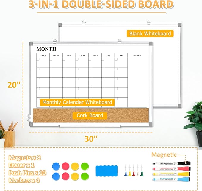 Dry Erase Calendar Whiteboard for Wall, 30"x20" Magnetic Monthly White Board Cork Board Combo, Double Sided, Aluminum Frame, Wall Hanging Wipe Board for Home, Office, School, Dorm