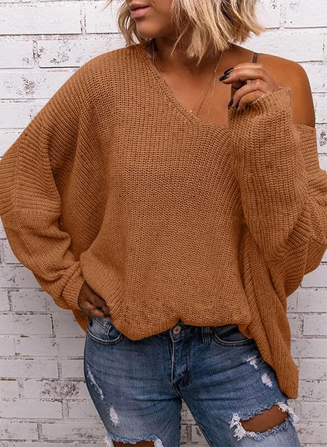 BZB Women's V Neck Long Sleeve Knit Loose Oversized Pullover Sweater Top