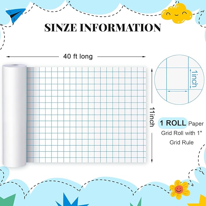 Jetec 1 Roll Large Grid Graph Paper Roll 1'' Grid 11 Inch x 39ft Sewing Pattern Paper for Back to School Classroom Teaching Drafting Supplies Kids Students Gifts
