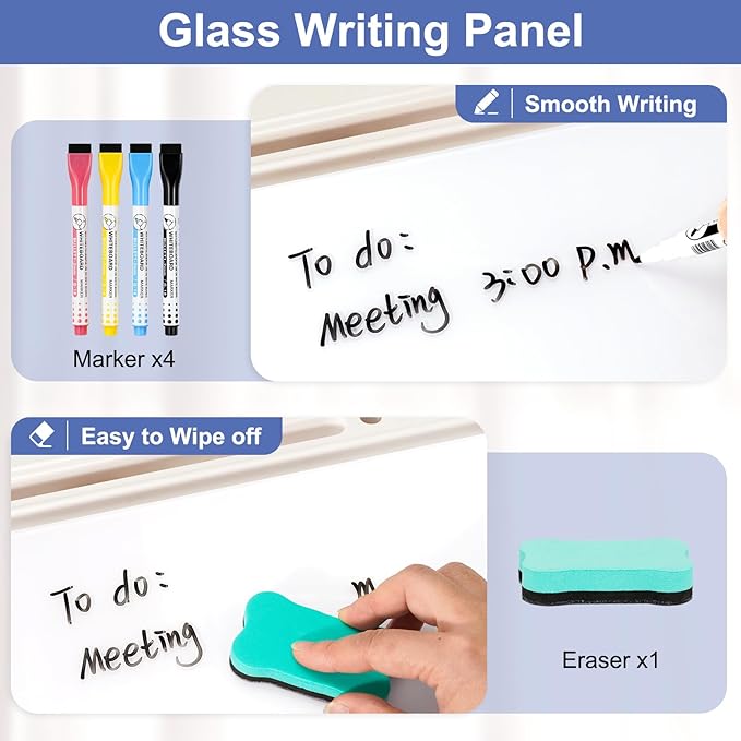 DOLLAR BOSS 12''x7'' Glass Desktop Whiteboard Small Dry Erase Board with Storage Drawer Computer Keyboard Stand Desk Organizer Office Accessories School Supplies with 4 Markers, White
