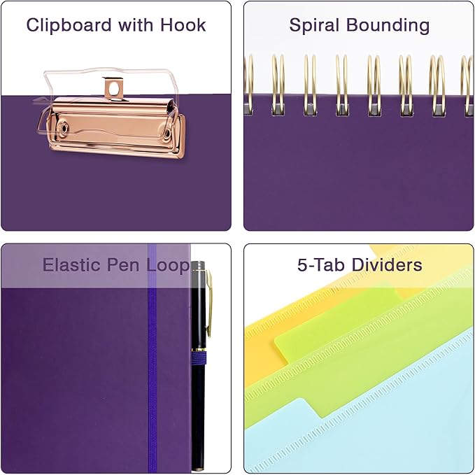 EYROZILL Spiral Notebook Clipboard with Removable Dividers Tabs, 5 Subject Notebook College Ruled, 8.5"x11" Hardcover Lined Journals with 12 Storage Pockets School Office Work Supplies
