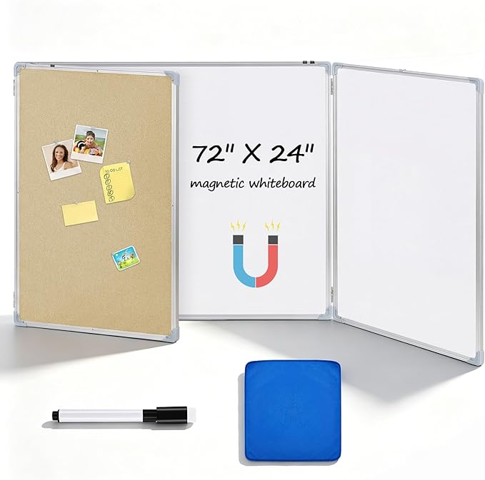 Mooliwe 72"x24" Tri-fold Cork Board Whiteboard, Foldable Combination Magnetic Dry Erase Bulletin Board & Corkboard with Aluminum Frame Wall Mounted for Home, Office and School(Beige)