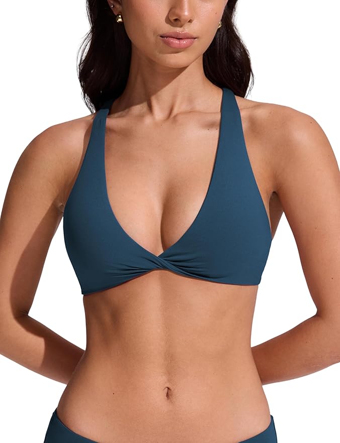 CRZ YOGA Twist Front Bikini Tops for Women - Padded V Neck Criss Cross Back Triangle Sexy Swim Bathing Suit