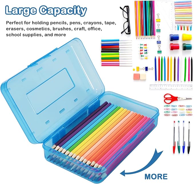 Colored Plastic Pencil Box, Large Capacity Pencil Case, Pencil Boxs for Kids Adults, Hard Crayon Box Storage with Snap-Tight Lid for School Office Supplies (Blue)