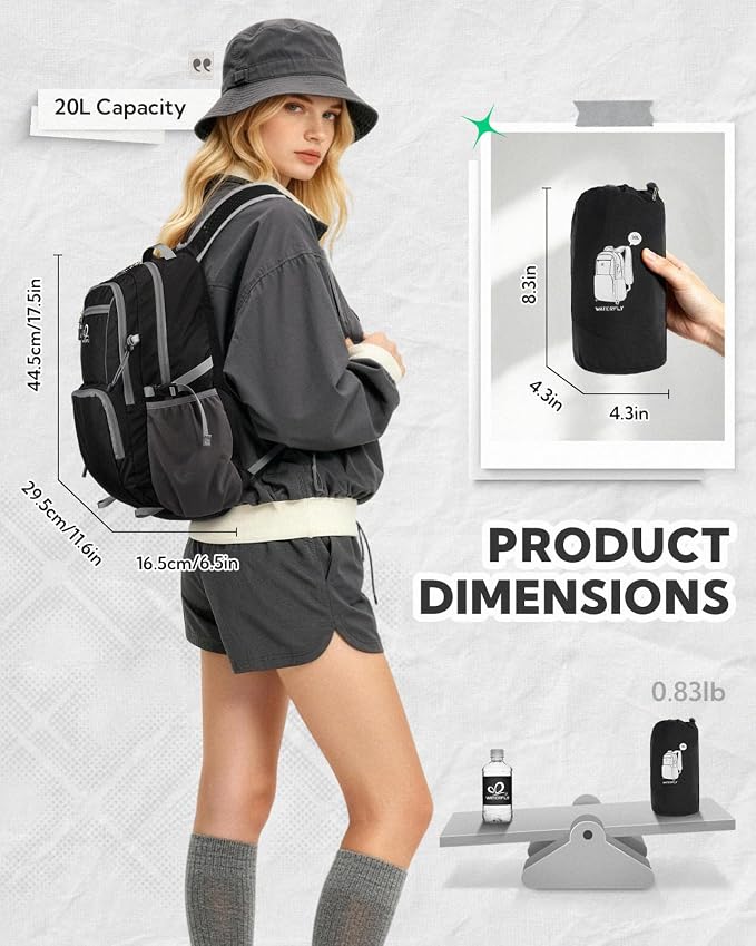 WATERFLY Packable Hiking Backpack, 20L Small Lightweight Foldable Daypack | Phone Pocket, Only 3 Steps Foldable, Breathable Shoulder Strap, Comfortable Folding Bag Pack for Women Men Travel Outdoor