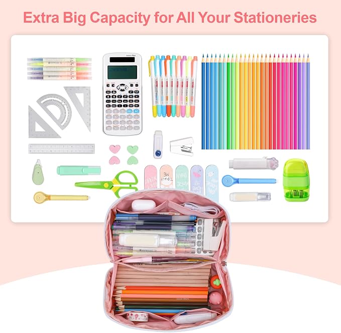 Large Capacity Pencil Case - Pencil Pouch for Teen Girls, Aesthetic Pouch Organizer with 8 Compartments, Wide Opening Marker Bag for Middle High School College, Fits Calculator, Pink