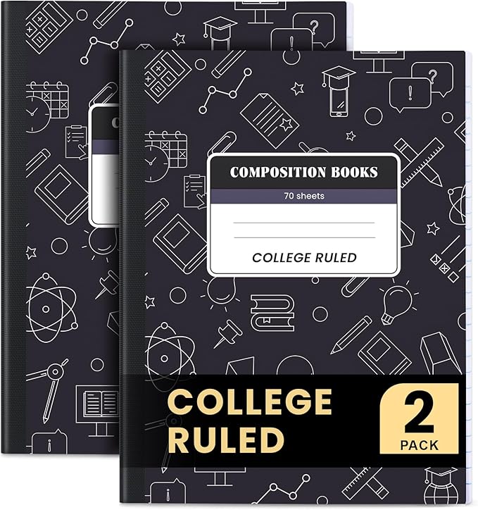 Oucaru Composition Notebook 2 Pack College Ruled, Black Cover Notebooks for School, 70 Sheets 7-1/2"x9-3/4, Back to School Supplies Journal for K-12 Students