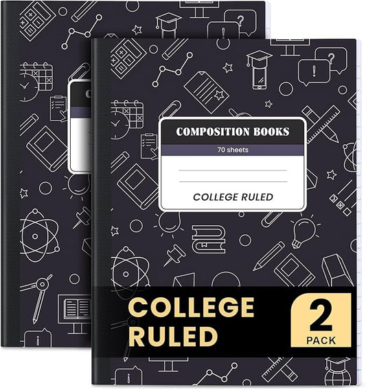 Oucaru Composition Notebook 2 Pack College Ruled, Black Cover Notebooks for School, 70 Sheets 7-1/2"x9-3/4, Back to School Supplies Journal for K-12 Students