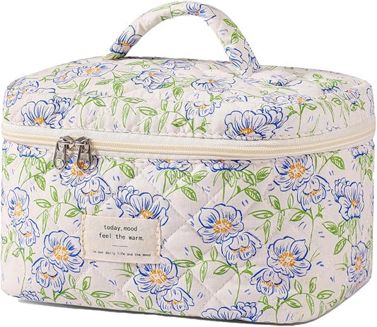 uekeboag Large Travel Quilted Makeup Bag for Women | Soft Floral Cotton Cosmetic Bag, Foldable Coquette Aesthetic Toiletry Organizer