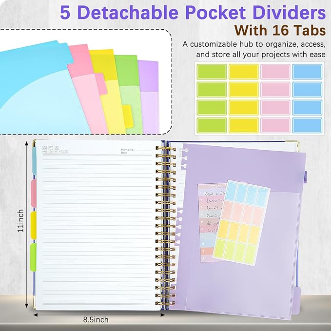 Hardcover Spiral Notebooks for Work 8.5''x 11'', 300 Pages 5 Subject Notebook with Dividers & Tabs, A4 Spiral Journal for Women, College Ruled Notebooks for School Note-Taking (Purple)