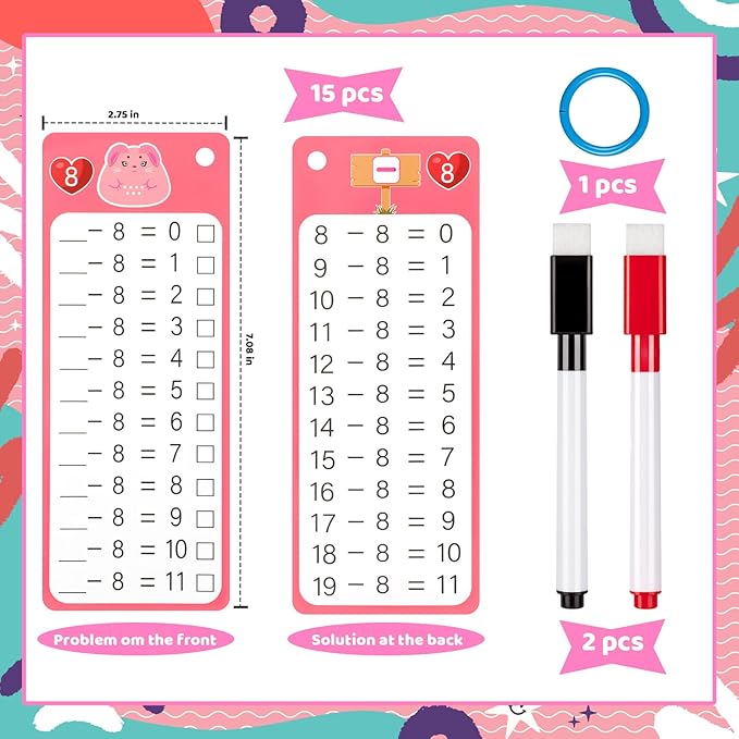15Pcs Subtraction Flash Cards, Subtraction Chart 1-12 with 2 Dry Erase Pens 1 Rings, Time Table Flash Cards for 1st to 3rd Grades Fun Learning with Math Game