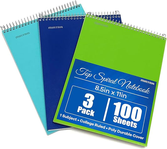 Mintra Office TOP BOUND Durable Spiral Notebooks (Teal, Blue, Green, College Ruled 3pk)
