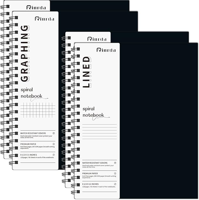 Black Spiral Notebook 8.5" x 11"-4 Pack Graph&Lined Hardcover notebooks