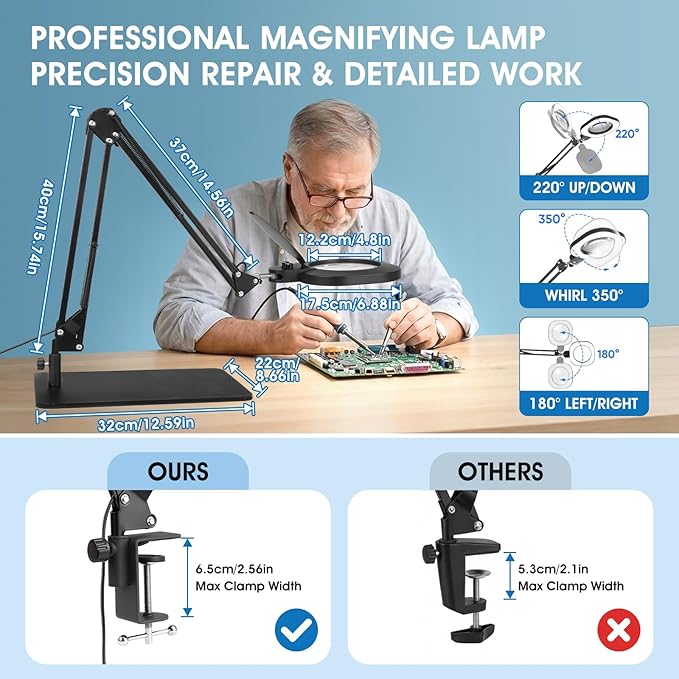 LIONVISON 10X Magnifying Glass with Light and Stand：27 Inch Extra Long Arm Magnifying Lamp, Stepless Dimmable & Color Temperature LED Lighted Magnifier, Clamp Magnifier for Reading Crafts Close Work