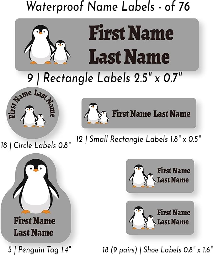 Personalized Kids Name Labels – Waterproof Custom Stickers for Daycare & School, Dishwasher & Laundry Safe (Grey Penguin)