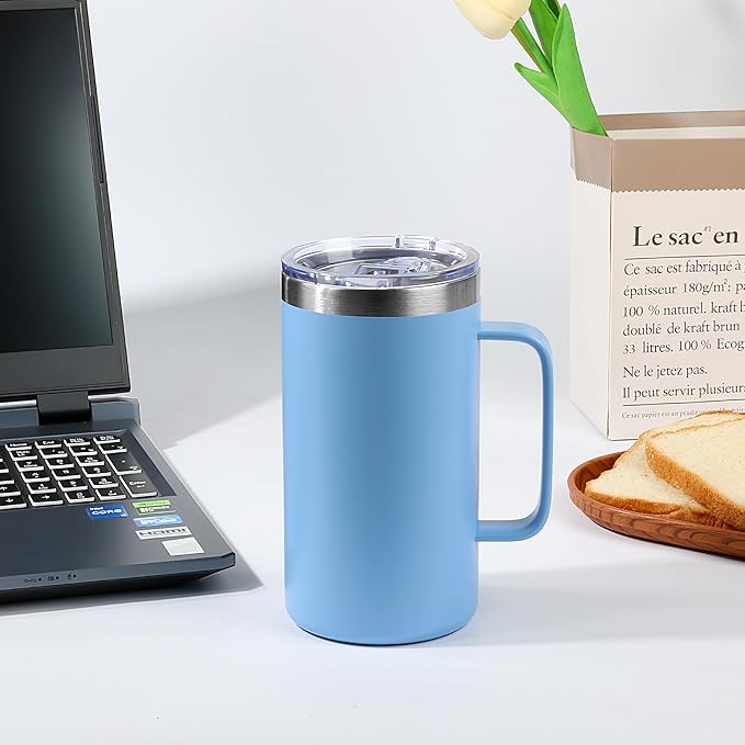 22oz Insulated Coffee Mug with Handle & Leak-Proof Lid - Double Wall Stainless Steel Travel Tumbler Bulk for Commute/Office/Home, Navy Blue, 4 Pack