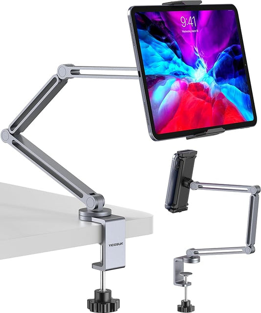 Tablet Arm Mount with Super Grip, Adjustable Foldable Holder & Heavy Duty Aluminum 360° Rotating Clamp for iPad, Phone, Monitor, Kindle - Universal for Desk, Bed, Kitchen - Gray