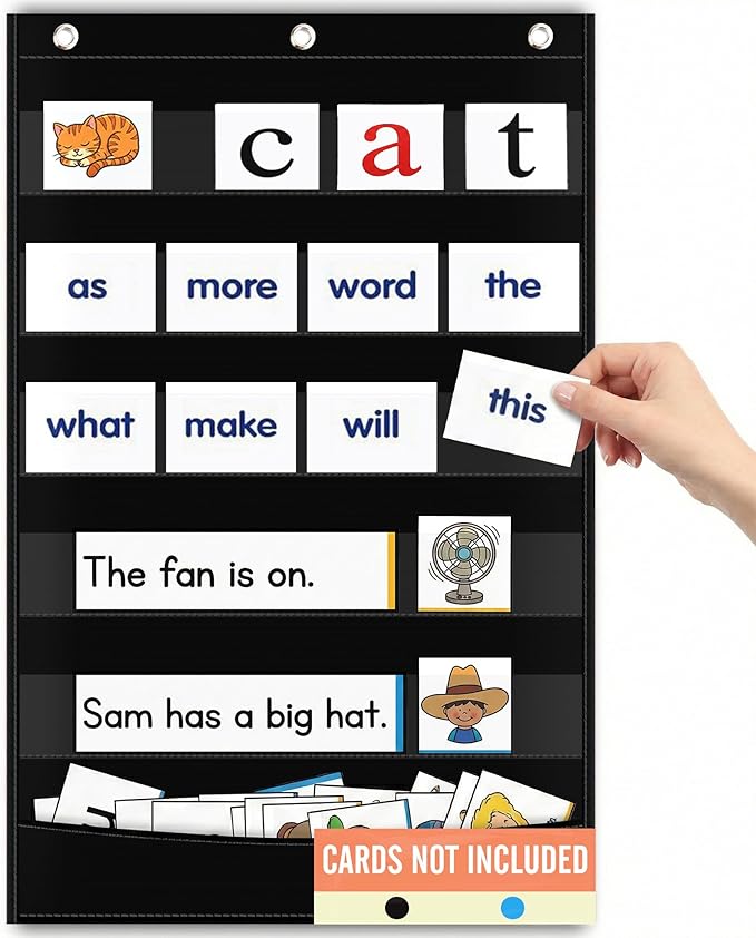 Pocket Chart for Classroom - 5+1 Small Black Pocket Chart for Alphabet Learning Word Wall Calendar Daily Schedule Sentence Strips Sticker Display, Teacher Supplies for Preschool Kindergarten & Home