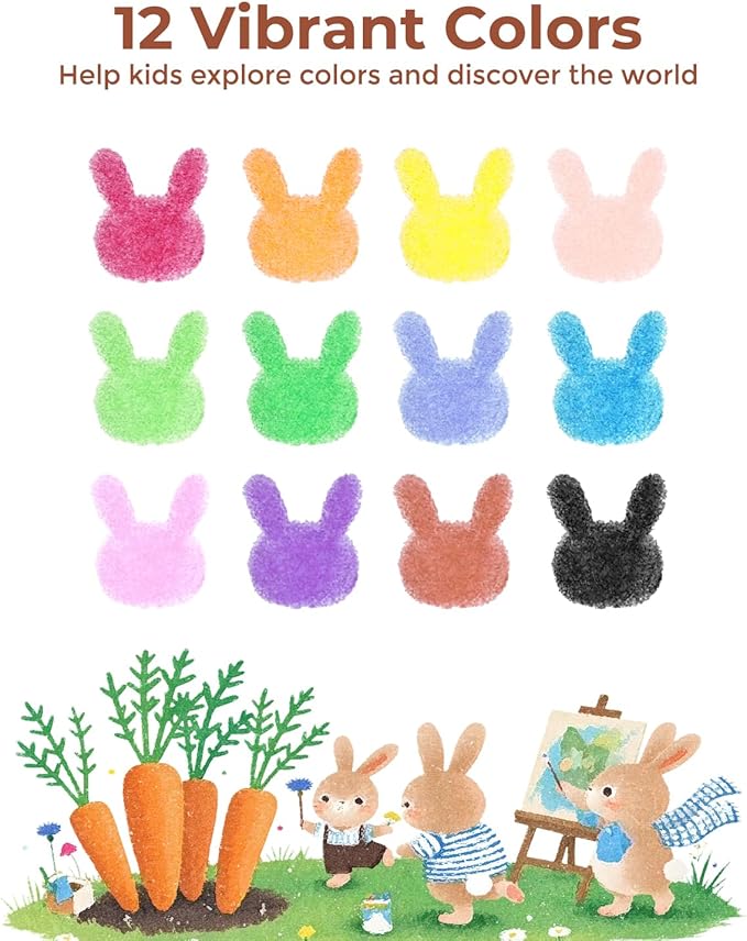 JUPITEARTH Carrot Crayons for Kids 12 Colors, Non Toxic Beeswax Crayons for Toddlers 1-3 with 30-Page Coloring Book & Stickers & 120 PDF Pages, Mess-Free Coloring for Kids Art Supplies Gift