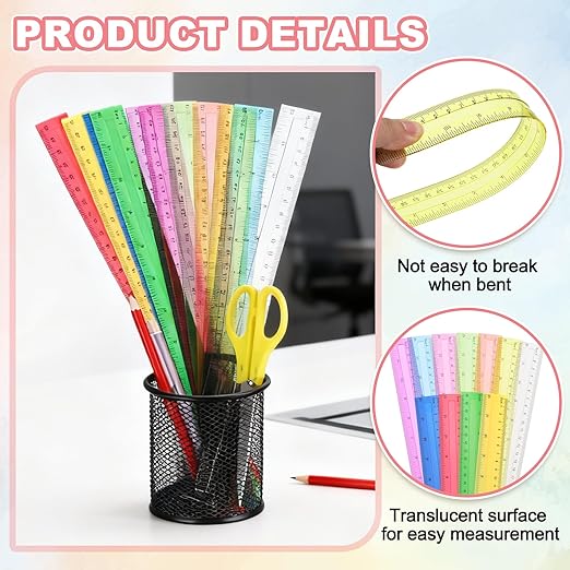 HARFINGTON 12pcs Plastic Rulers 12" (30cm) Clear Straight Ruler Measuring Tool Inches and Centimeters for Home Office Classrooms Drafting, Clear Yellow