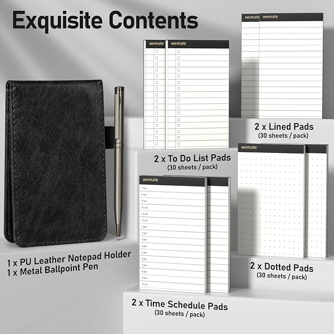 WEMATE 10 Pieces Small Notepad Holder Set Pocket Notebook - Included Mini Pocket Notepad Holder Set with 8 Memo Book Refills and Metal Pen for Meetings, Daily Records, and Notes 3 x 5 Inch (Black)