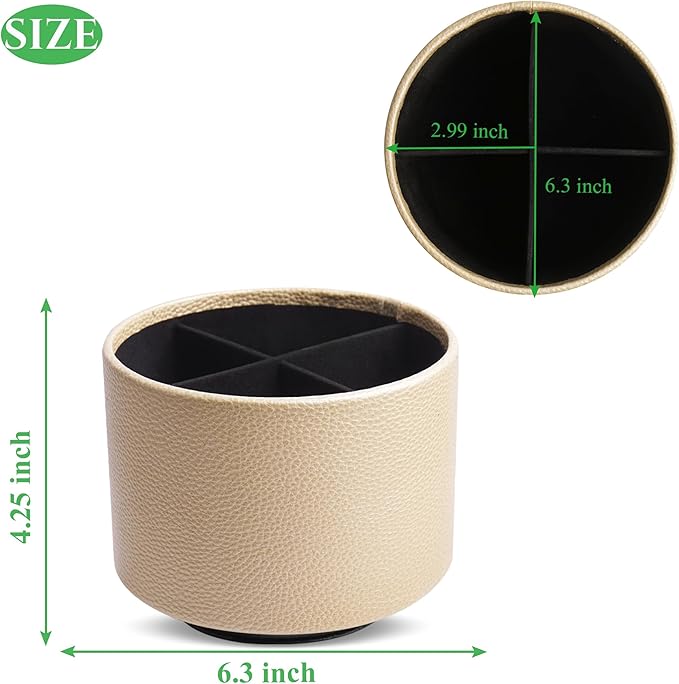 Round Leather Art Supply Organizer,Remote Control Holder,360 Degree Spinning,Multi-Functional Pencil Holder,4 Compartments Desktop Stationary Organizer(1-Lichee Gold)