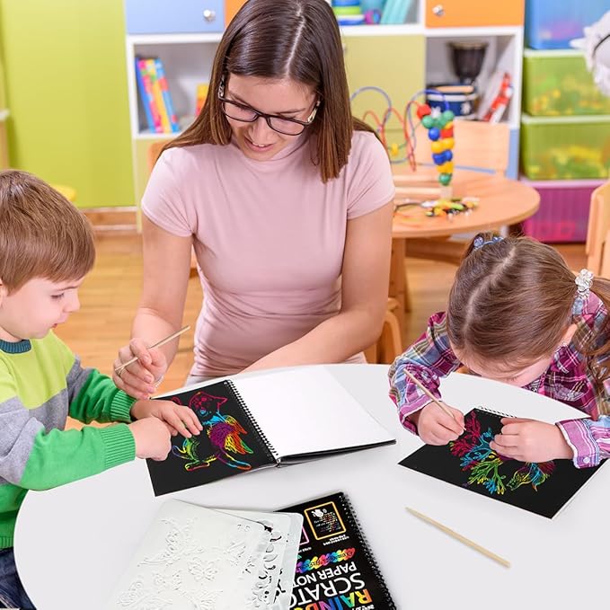 Mocoosy 3 Pack Rainbow Scratch Art Paper Notebooks, Spiral Bound Magic Scratch Pads for Kids Arts Crafts Supplies, Black Sketch Note Coloring Activity Book Travel Games Gifts for Girls Boys