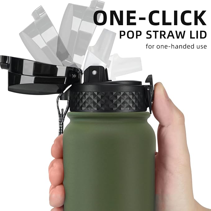 Fanhaw 20 Oz Kids Insulated Stainless Steel Water Bottle with Straw Lid, Leakproof & Anti-Dust Everyday Use Bottle for School, Women & Men, Back to School Essentials (Olive Green)