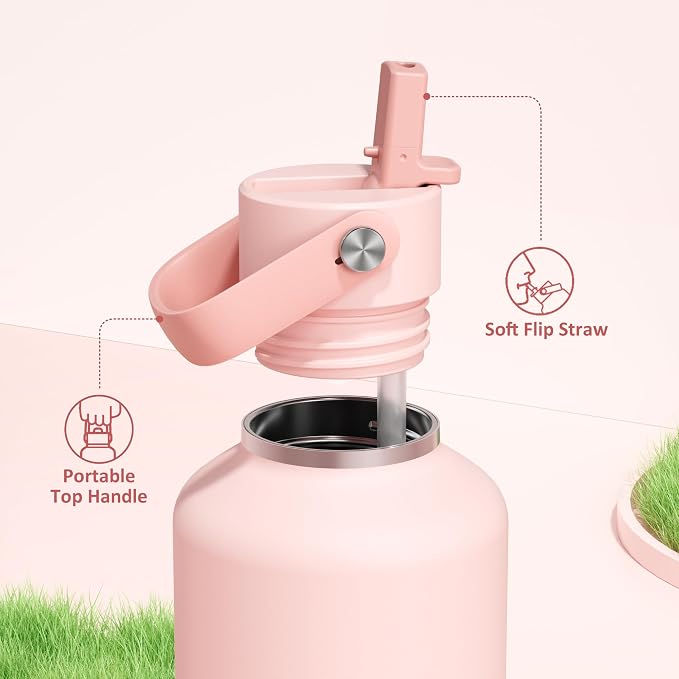 POWCAN 32 oz Insulated Water Bottle: Leakproof, Lid with Flip Straw, Cold for 24H, BPA-Free, Metal Water Bottle with Handle for Travel, Gym, Fitness, Hiking, Birthday Gift for Women (Cotton Candy)
