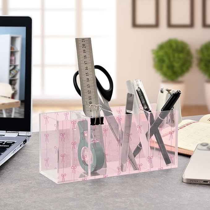 Aslsiy Ribbons Bow Coquette Pen Holder Pink 4 Compartments Acrylic Pencil Holder Clear Makeup Brush Holder Desk Organizer Office Supplies