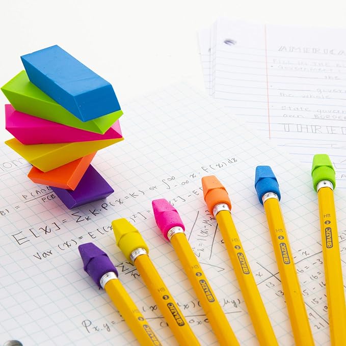 BAZIC Products Erasers + Pencil Top Erasers Set (12/Pack), Block Bevel Erasers Neon Color, Arrowhead Caps Tops, Latex Free, for Art Drawing School, 24-Packs