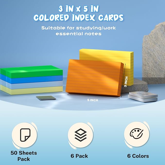 Colored Index Cards 3x5, 300 Count Flashcards for Studying, 6 Bright Colors Note Cards 3x5, 50 Sheets Per Color, Colored Notecards 3x5 Lined, Colorful Index Cards Ruled for School, Office and Home
