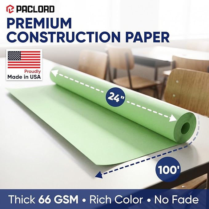 Light Green Construction Paper Roll 24" x 100 ft – Made in USA – 24" Bulletin Board Paper for Classroom & School, Teachers & Kids
