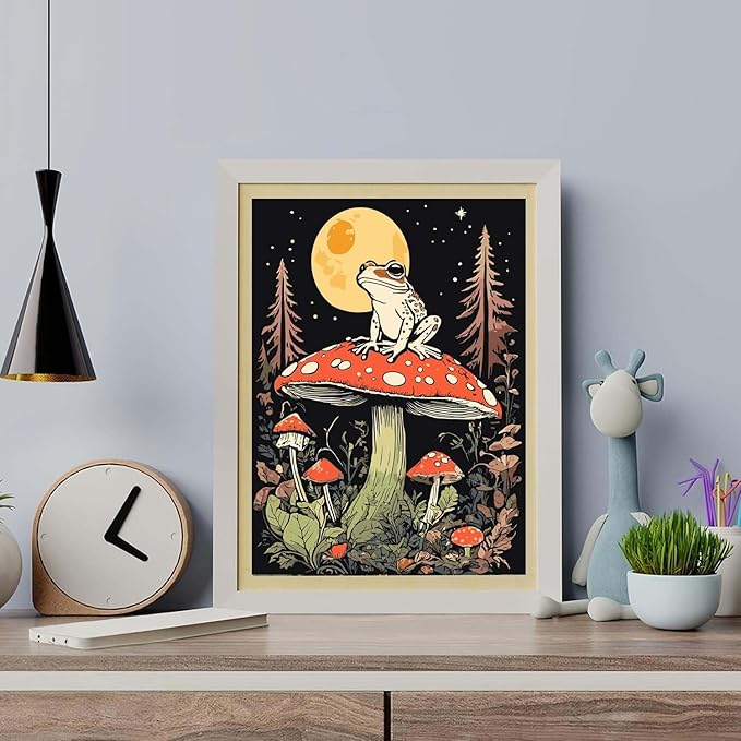 Mushroom Paint By Numbers Kit For Adults, Country Night Paint By Number Kits For Beginner Frog Moon Acrylic On Canvas Diy Oil Painting Kit Adults' Paint-By-Number For Gift Home Wall Decor 16x20 Inch