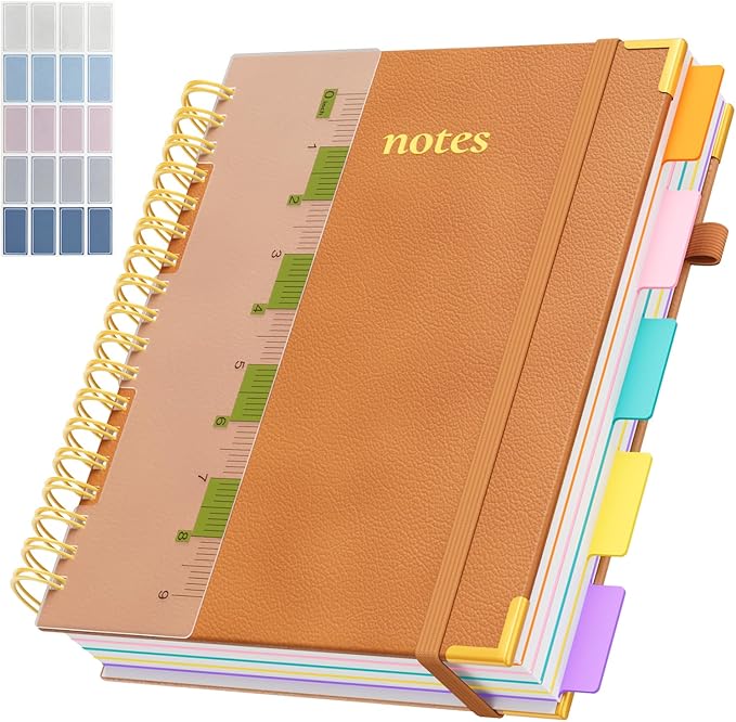 Line Hardcover Spiral Notebook with Removable Dividers Tabs & Ruler, 5 Subject Notebook College Ruled, 300 Page, Large 8"x10" B5 Notebooks for Work School, Lined Journal for Women & Men, Orange