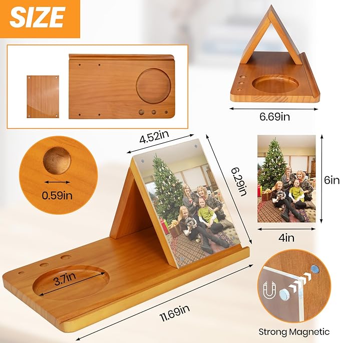 Wooden Triangle Book Stand with Cup Holder 4"x6" Acrylic Picture Frame for Family Frame - Multifunctional Reading Valet Book Rest for Desk, Birthday&Mothers Day Gift for Reader and Book Lovers