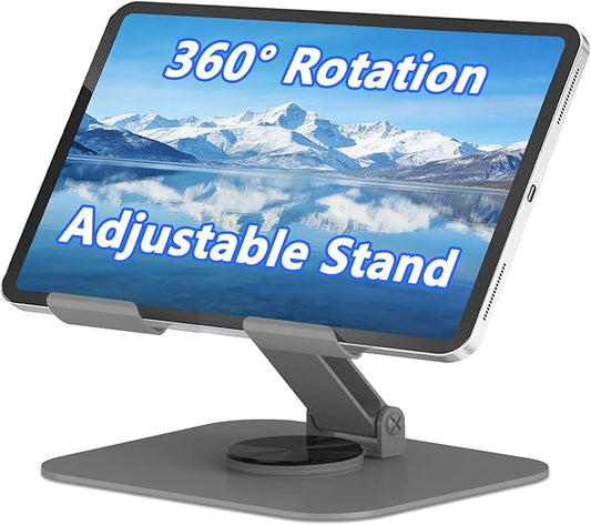 360° Rotation Tablet Stand, Ultra Stability Base Fully Folded Easy to Store and Carry Adjustable iPad Stand Compatible with 4-13" Tablet E-Reader iPad Pro/Air/Mini and More (Grey)