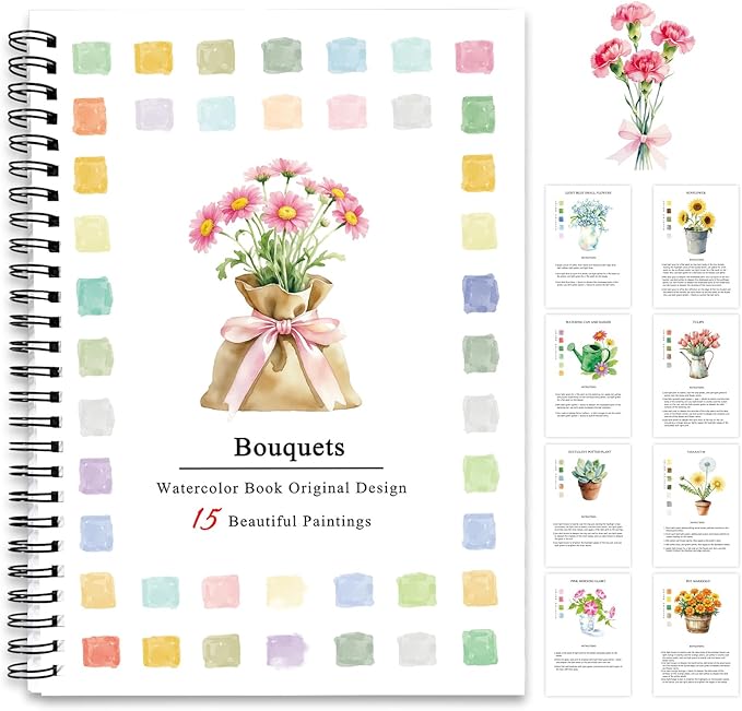 SLWBZ Watercolor Workbook Bouquets, 15 Different Patterns of Original DIY Designs, 16 Color Watercolor Paint Plates with Palette and Brush, Beginner-Friendly Watercolor Workbooks, Bouquets