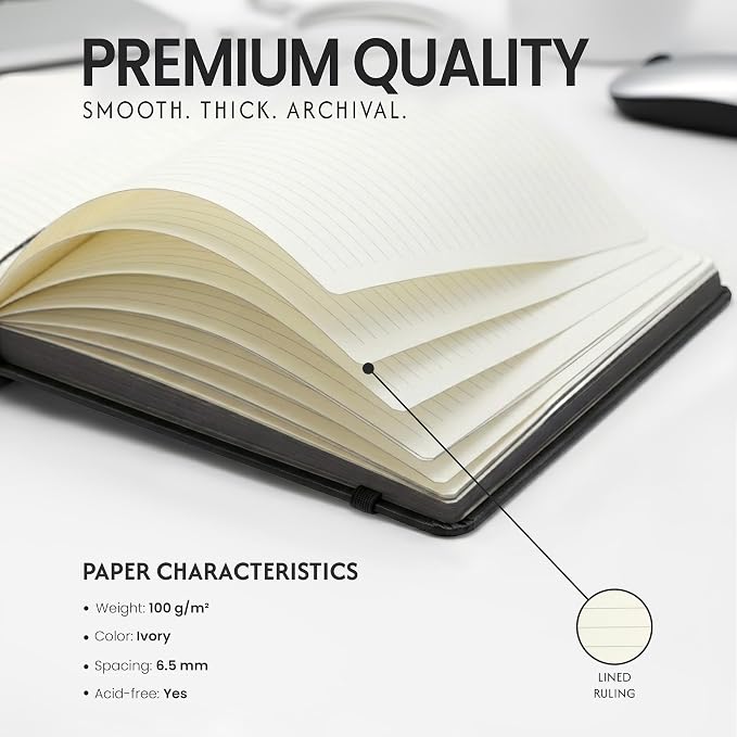 EVERLINEA 5.6” x 8.3” Embossed Quill A5 Hardcover Notebook, 240 Lined Pages, Black Graphite