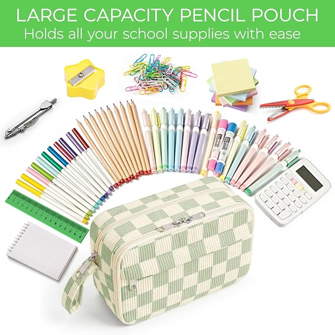 WOBAGMEN Cute Pencil Case,Large Corduroy Zippered Pencil Case Pouch, Aesthetic Pencil Bag with Compartments, Pencil Pouch School Supplies (Green checked)