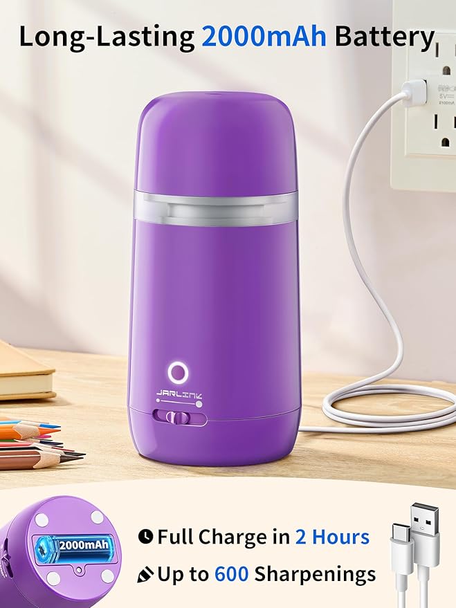 JARLINK Automatic Electric Pencil Sharpener - Hands-Free Operation, 3 Sharpness Modes, 3-Second Sharpening, Rechargeable & Portable for 7-12mm Pencils, Ideal for Classroom and Home Use (Purple)